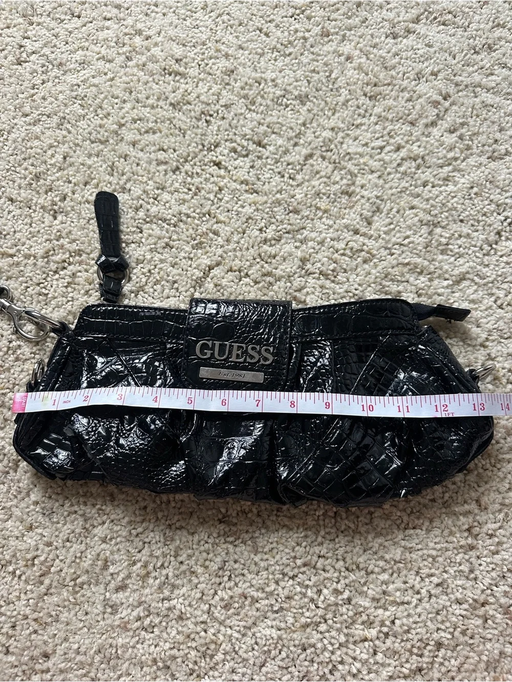 GUESS Black Patent Croc-Embossed Wristlet Clutch with Detachable Strap